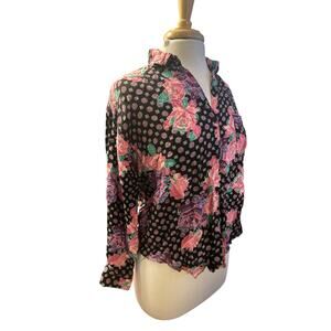 Vintage Women M Ki Ko Mo KiKoMo Floral Print Button Down Blouse Shirt Top Black